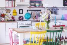 07 mismatching colorful chairs and colorful tableware and shelves make the space bold and cheerful
