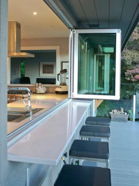 a simple foldable window and an outdoor breakfast space or bar zone plus comfy stools ith cushions