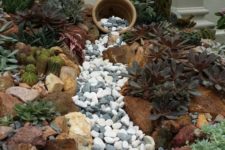 09 a gorgeous dry creek bed with grey and white pebbles and large rocks that line up the creek plus succulents and cacti