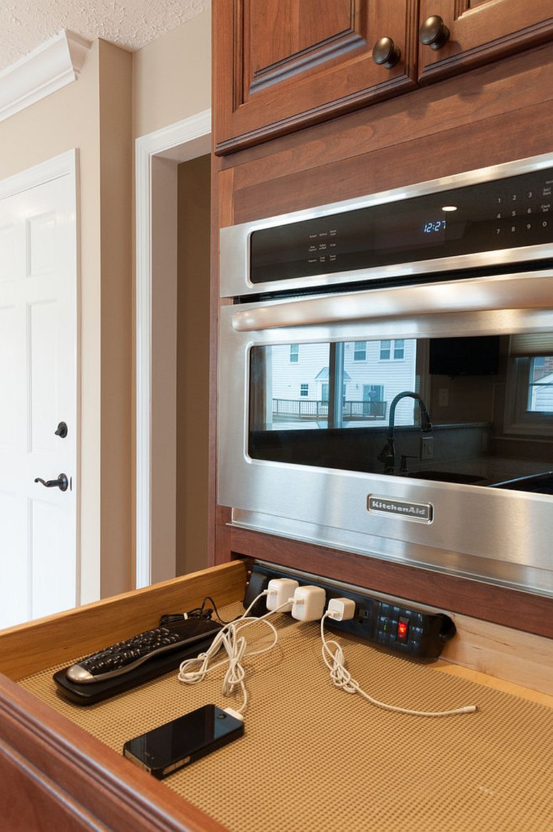use or make a drawer under the appliances to make a comfy charging station that can be hidden sometimes