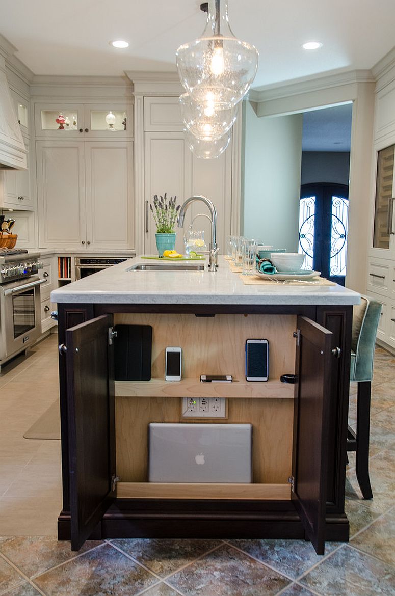 a whole charging station integrated into the kitchen island end - close the doors and you won't see it