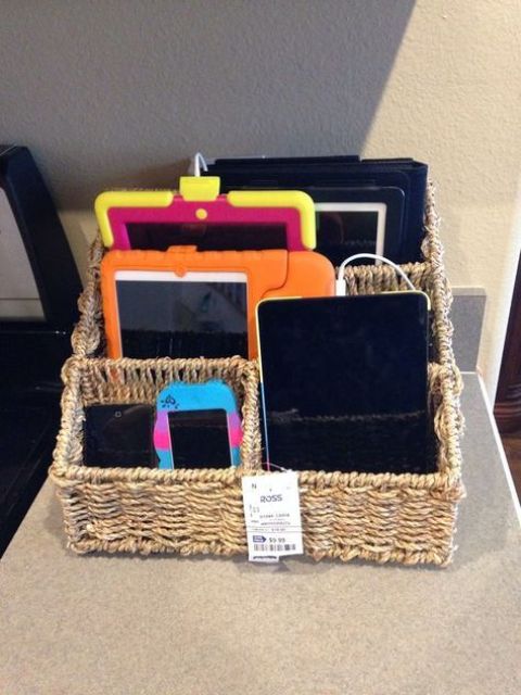 a basket next to the sockets will help you eliminate the clutter of cords and lots of devices