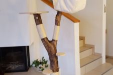 13 a traditional cat tree of a trunk piece plus little platforms and a platform with a hammock hanging down