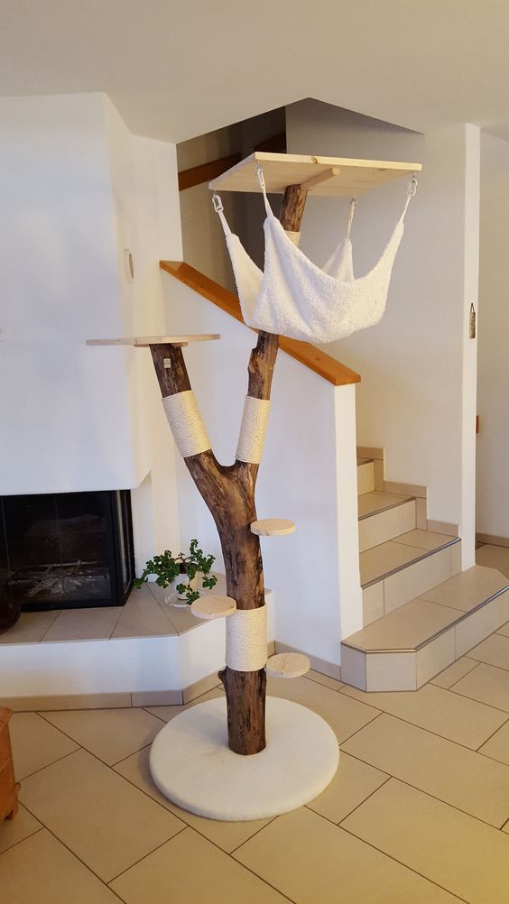 a traditional cat tree of a trunk piece plus little platforms and a platform with a hammock hanging down
