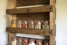 13 make a stylish rustic pallet shelf with several layers to store spices and other stuff in the kitchen