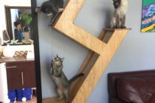 16 a minimalist plywood cat tree with several platforms and scratchers plus some cat toys hanging for a modern home