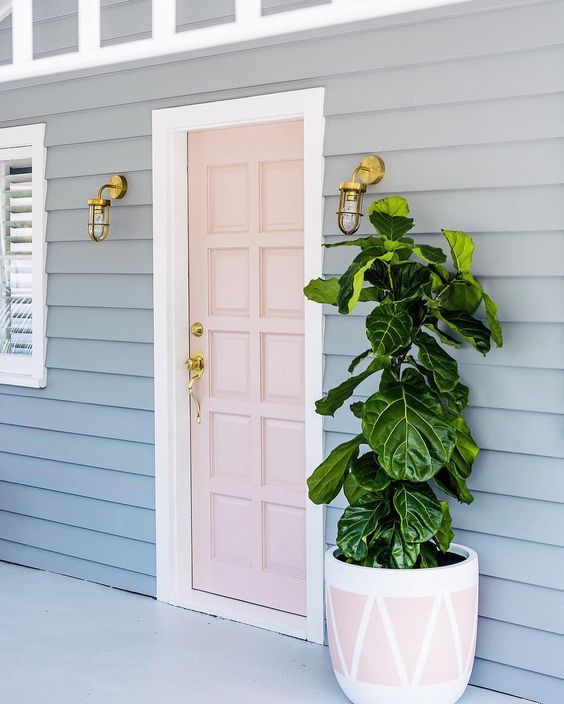 a blush door and a large planter in blush and white to match with a large plant and brass wall lamps