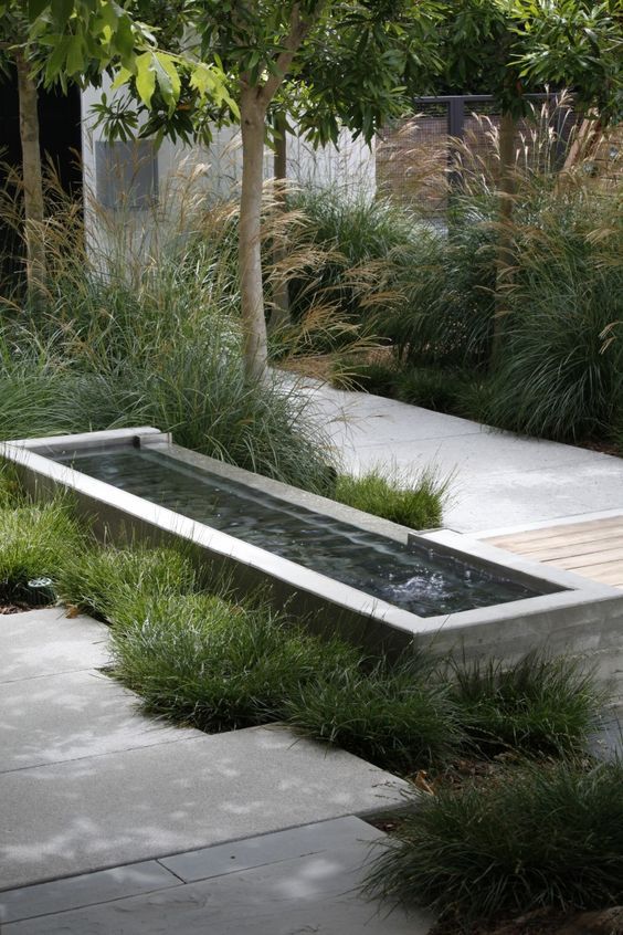 a contemporary water feature with a mini fountain surrounded with grasses will harmonize your front yard