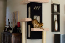 19 a modern cat tree of platforms and pillars and scratchers built on the walls and corner to make cats happy