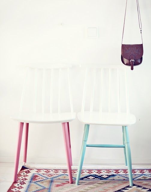 An unexpected way to spruce up old chairs   painting them white and the legs in some pastel shades