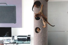 21 a modern cat tree that features a large pillar with holes will double as a scratcher for all your cats