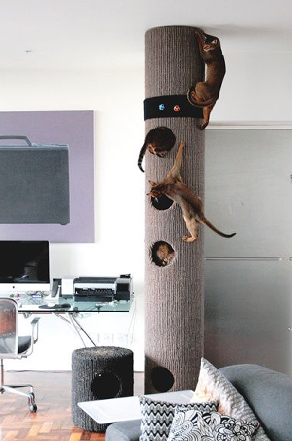 a modern cat tree that features a large pillar with holes will double as a scratcher for all your cats