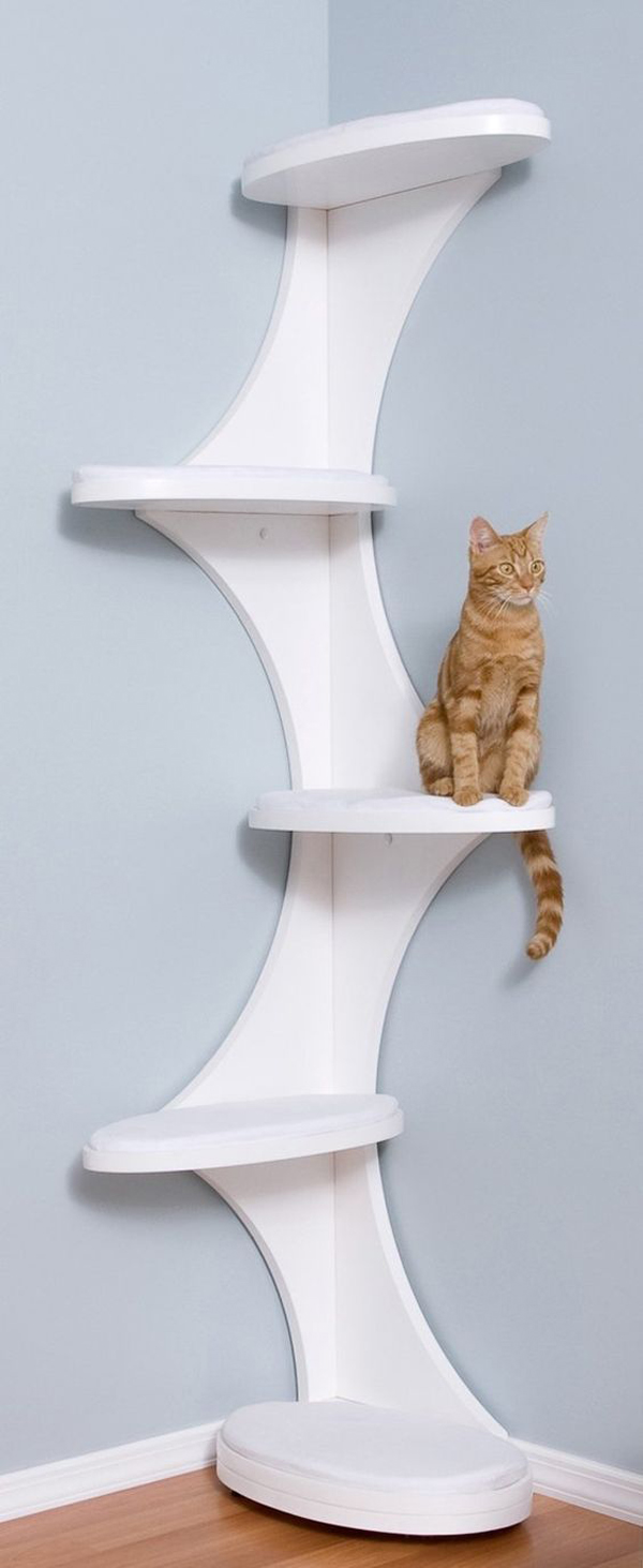 a modern version of a cat tree of several platforms and plywood connectors attached to the corner