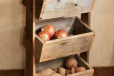 24 a simple rustic vegetable bin with three boxes on stands is a great idea for kitchens, you can easily build it of pallet wood