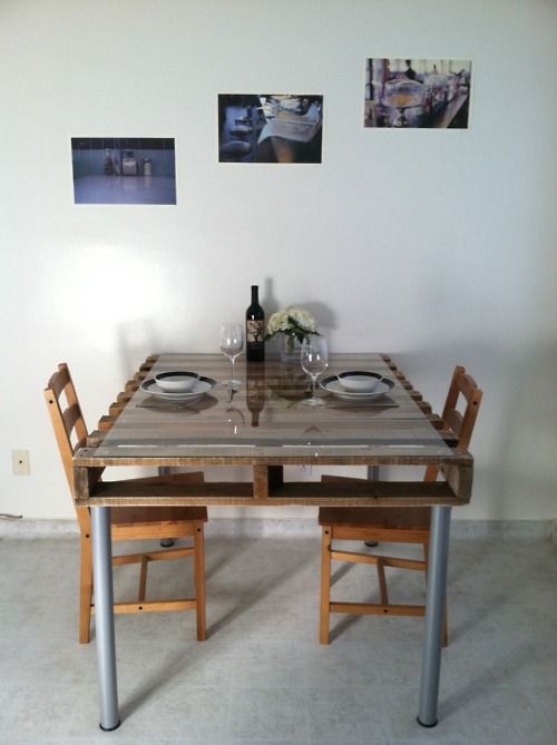 a dining table of a pallet for an industrial kitchen, a glass tabletop and metal legs plus wooden chairs