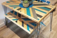 26 make your pallet dining table bold adding a pattern and some colors to it, here you’ll also see matching benches