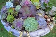 a vintage stone bathtub with light green, bold green and purple succulents and some blooming ones is a very chic idea