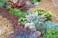 plant oversized and bright succulents as centerpieces and rock smaller and paler pieces around