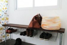 03 an industrial bench with metal legs, a wooden seat and wide shelves for storing shoes is a genius idea
