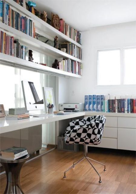 white shelves over the desk are a great idea to store many things and they won't take any floor space