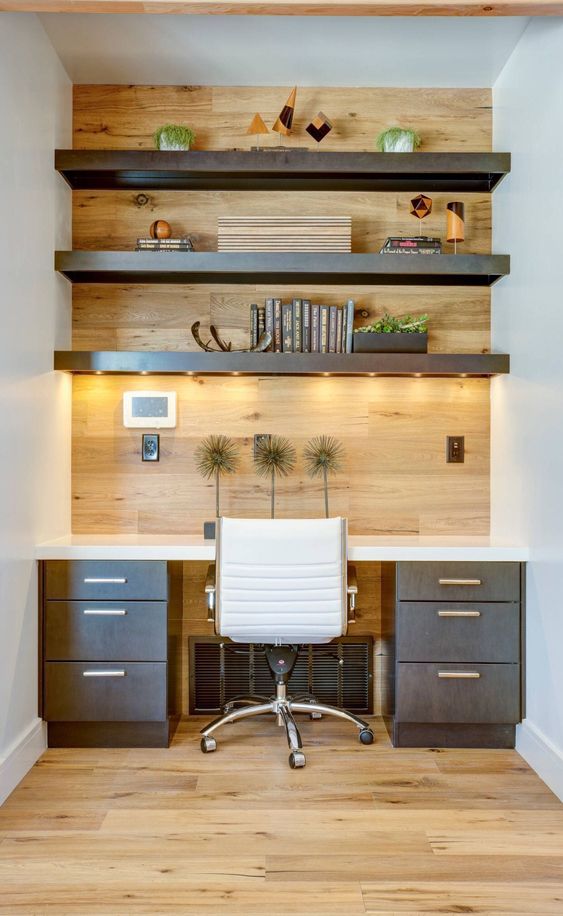 thick open shelves with lights over the desk highlight the style and shade of the desk and look cool