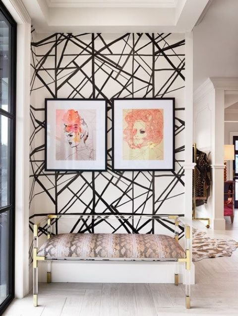 make your entryway bold and catchy with accent wallpaper on one of the walls and highlight your decor style