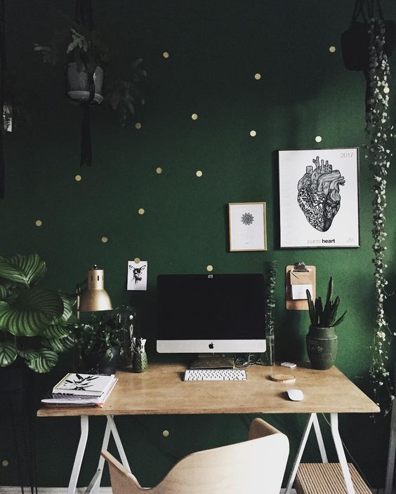 a green and gold polka dot accent wall will refresh your mind durign work and catch an eye
