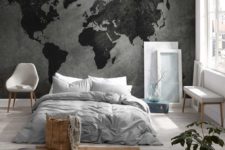08 a minimalist bedroom with a dark world map mural as a decor statement in the space