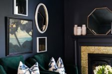 08 emerald chairs and touches of gold add chic and color to the dark space making it stylish and cool