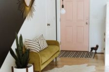 08 make a mid-century modern statement with a mustard-colored upholstered mini sofa in your entryway
