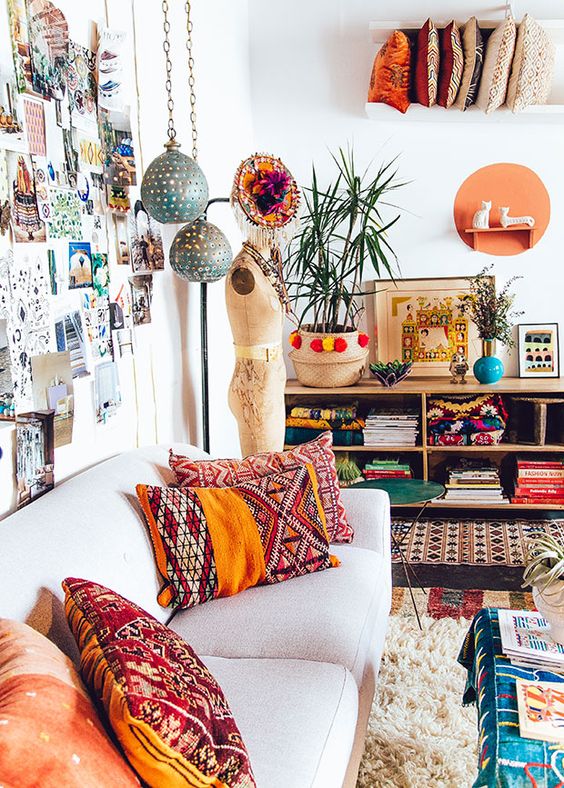 colorful printed pillows make the space look more boho-like and bold