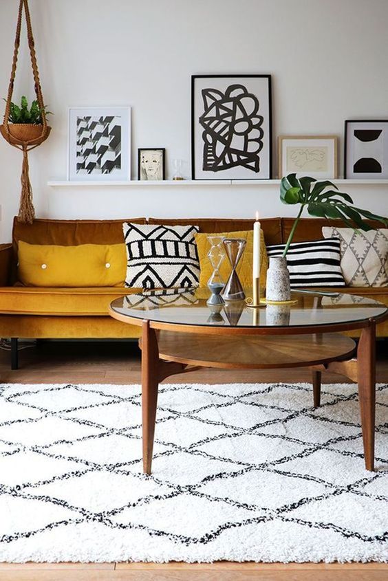 mustard and browns make the boho chic living room more welcoming and brighter