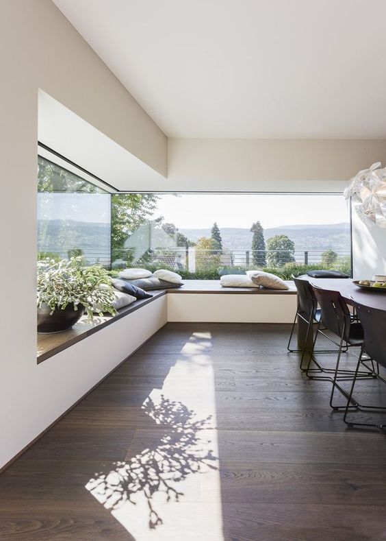 An L shaped windowsill seat along the window can be a bench for the dining table