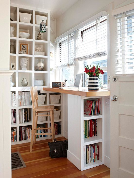 if you don't need much space for something, squeeze it into a small nook or corner, like here a home office