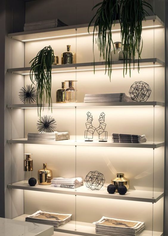 open shelving with strip lighting is a bold contemporary idea that accents that you wanna place on display