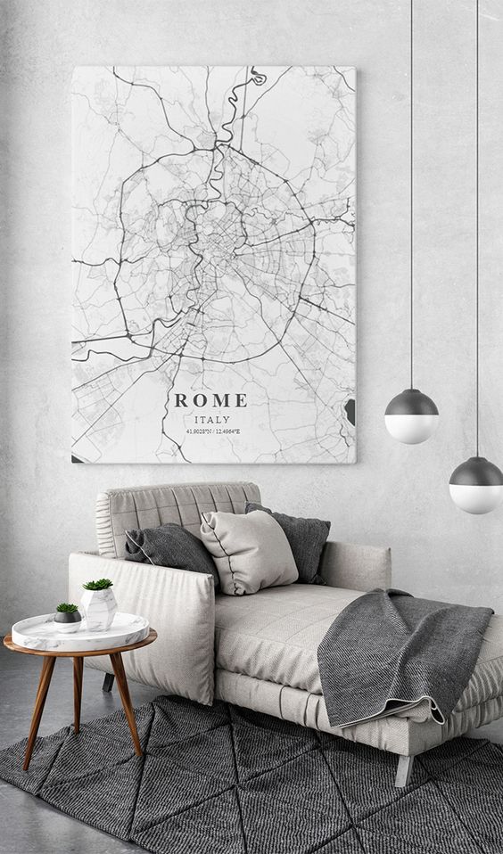 a black and white city map on a canvas is a bold idea for contemporary apartment decor