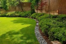 12 rock edging adds texture to the landscape design and separate the shrubs and the lawn