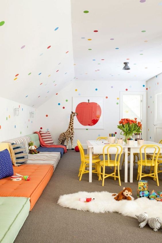 organize a colorful playroom for kids in the attic - this way you'll use the unused space and it will be accessible for the kids
