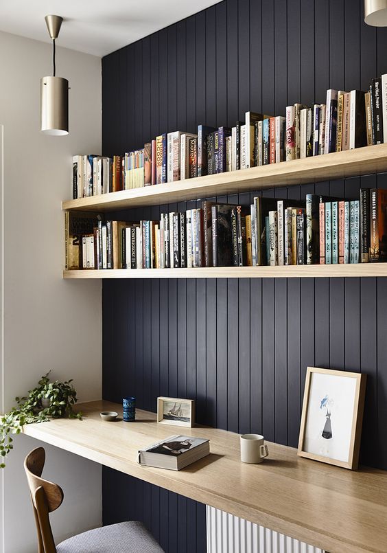 open shelves that match the desk tabletop look chic and create a cohesive look in your home office