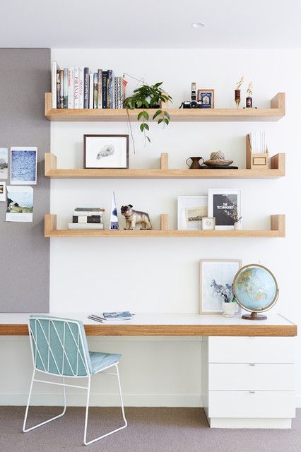 sculptural shelves over the desk is a comfy idea that always works, they can hold a lot