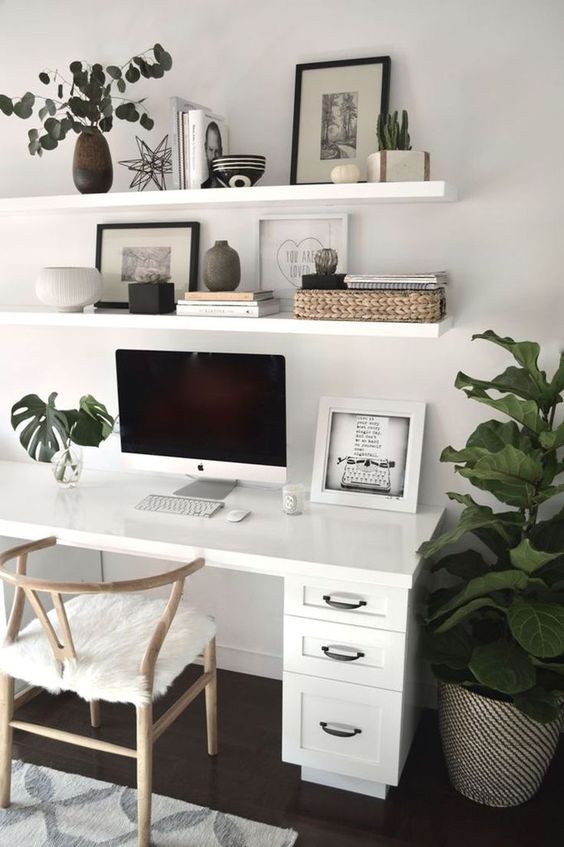 some simple open shelving over the desk is a cool idea to store your things and display some decor, too