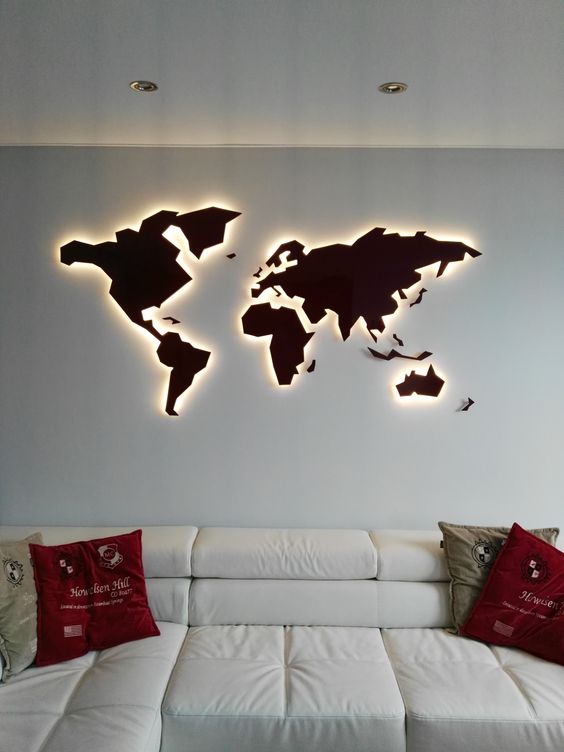 a lit up world map wall art is a stunning and bold blank wall decor idea