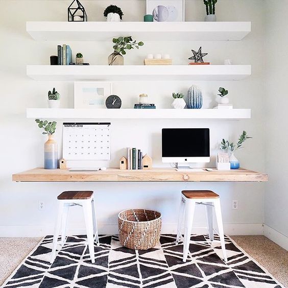 thick open IKEA LACK shelving will hold lots of things and a matching floating desk is a cool idea for a contemporary office