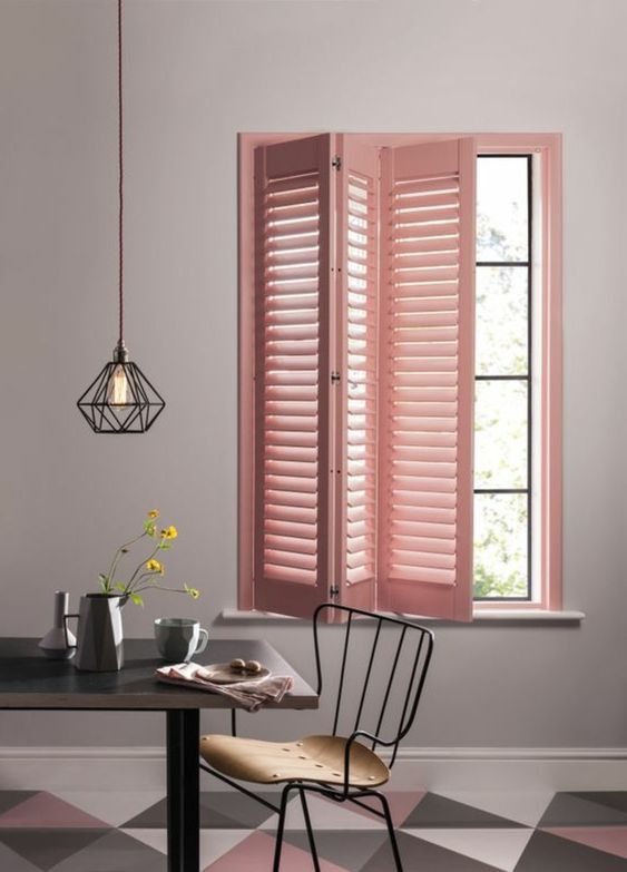 try shutters in various shades to add color to your space, this is a fresh take on a traditional window treatment