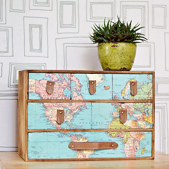 a fantastic IKEA Moppe hack with a vintage world map and leather drawer handles for any space of your home