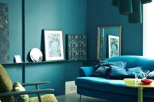 21 an analogous color scheme in the living room – dark green, turquoise and neon yellow