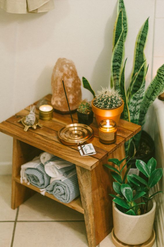 potted succulents, cacti and agaves is a cool idea for a boho space, even if it's a bathroom