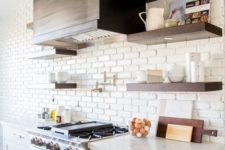 24 a chic farmhouse kitchen with a white brick statement wall that also acts as a kitchen backsplash