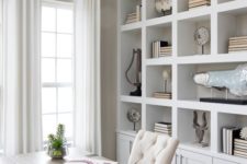 25 a free-standing white shelving unit is a timeless idea for a home office, add some closed space to declutter the office