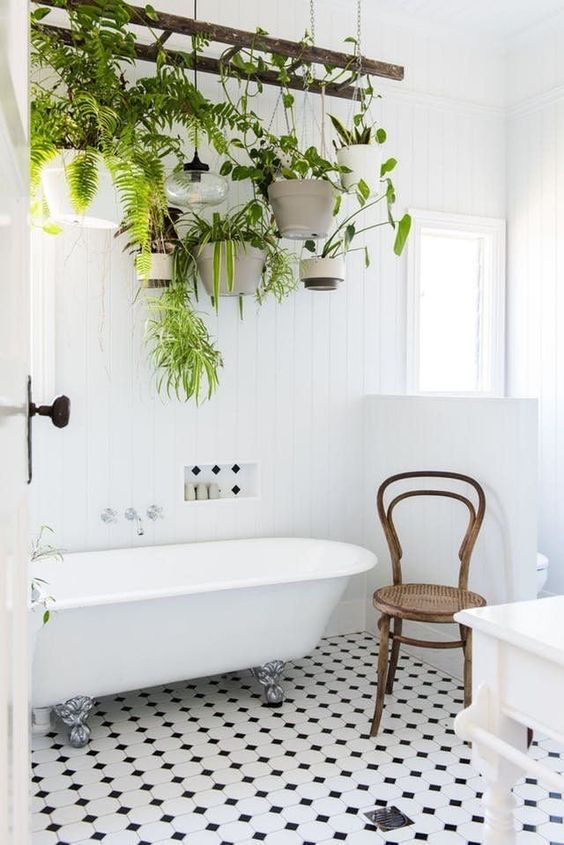 a ladder with hanging planters and much greenery for your own bathing oasis